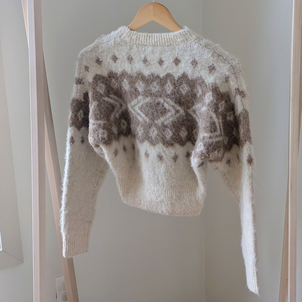 NWT Zara Brushed Fair Isle Abstract Geometric Crewneck Sweater In Ivory/Tan - XS - Picture 6 of 7